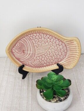 Vintage Fish Shaped Serving Platter Drip Glaze Stoneware